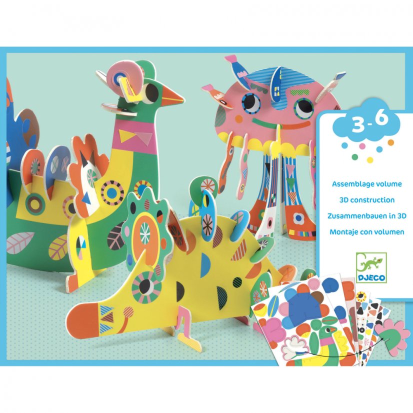Drei 3D-Tiere: Collage mit Aufklebern