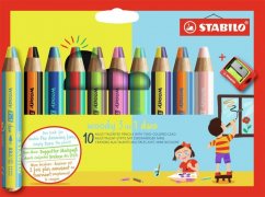 STABILO woody 3in1 Buntstifte, Set mit 10 zweifarbigen Bleistiften mit Spitzer