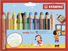 Pastelky STABILO woody 3in1, sada 10 ks + ořezávátko