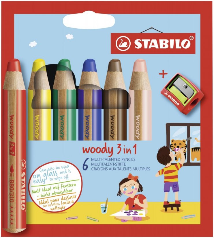 Buntstifte STABILO woody 3in1, Set à 6 Stück + Reibe