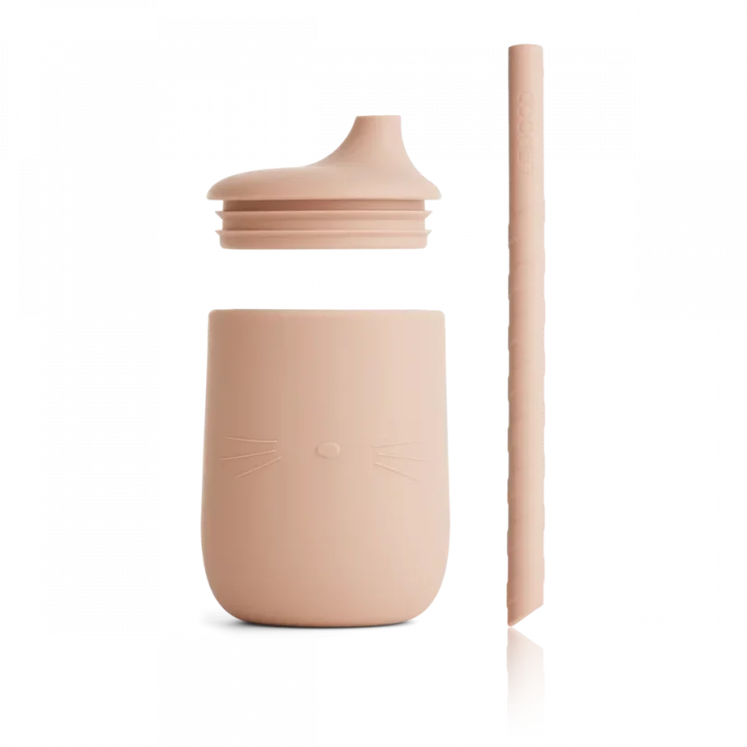 Ellis Cat rosafarbener Silikonbecher mit Strohhalm