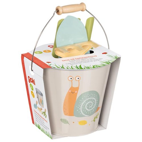 Eimer mit Gartengeräten Schnecke