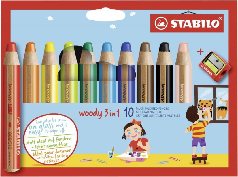 STABILO woody 3in1 Buntstifte, Set à 10 Stück + Reibe